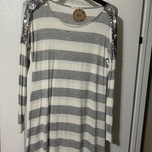 12 Pm By Mon Ami Gray and White Striped Long Sleeve Top with Sequin Shoulders